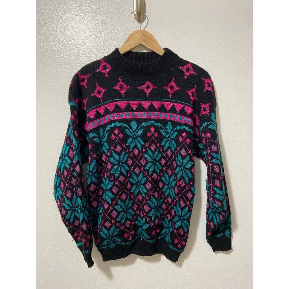 Vintage Rose Teal and Pink Snowflake Winter Sweater